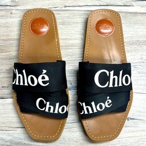 Chloe Woody Flat Sandals/Slides-Black with white logo Size 39